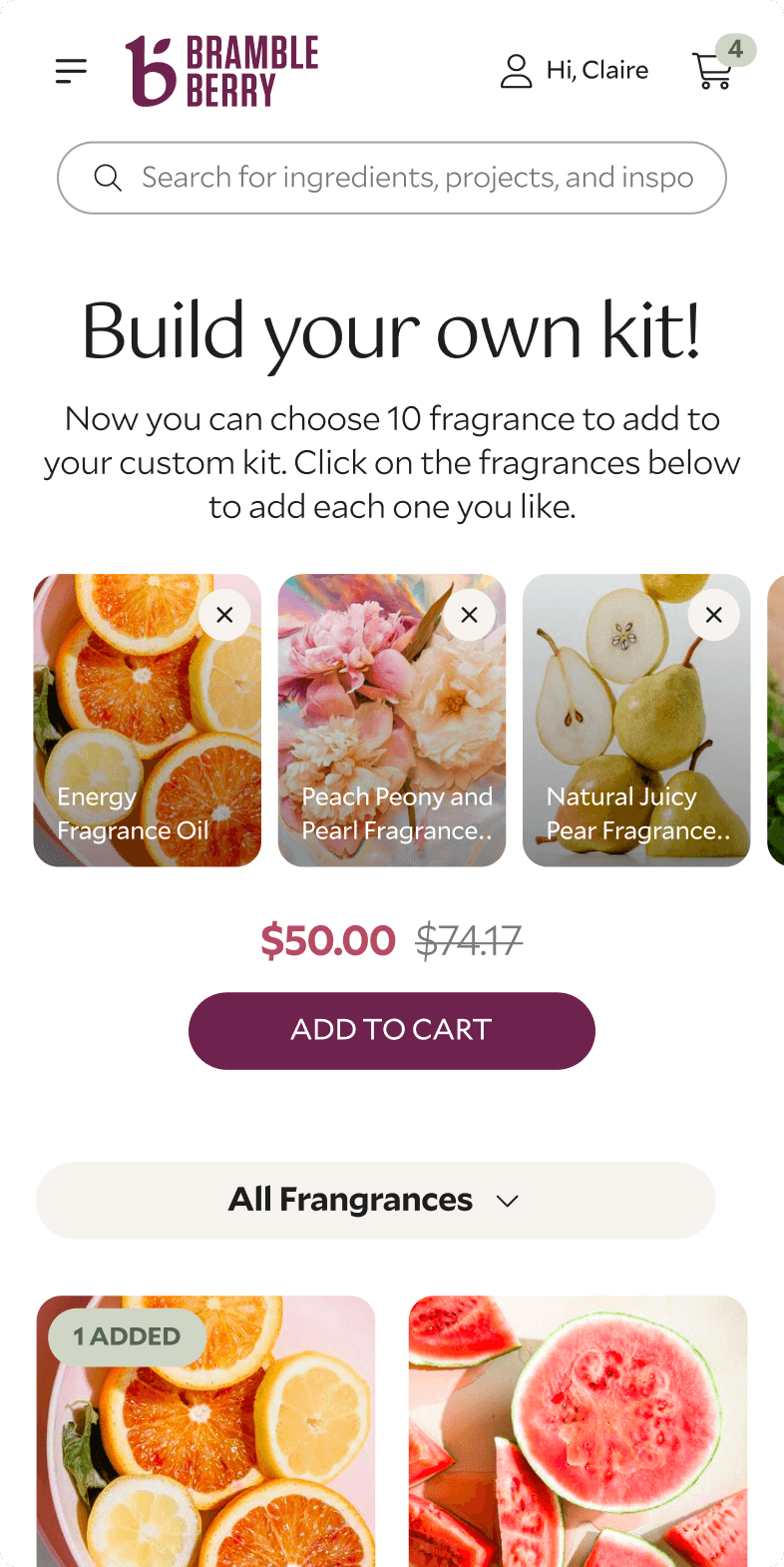 Bramble Berry mobile Build Your Own Kit screen with three selected fragrance oils and a $50.00 add-to-cart button