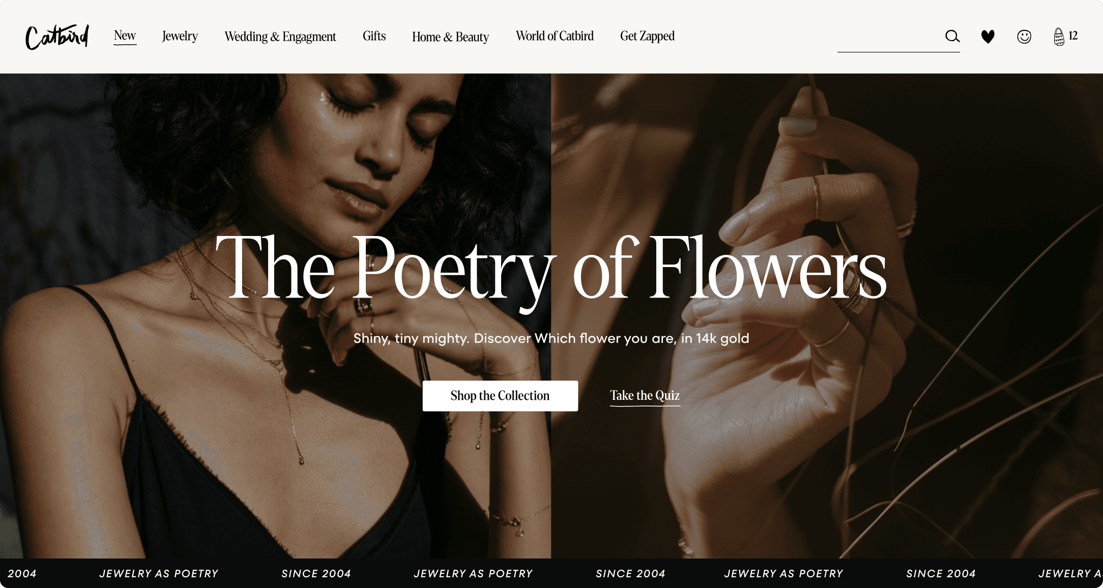 Catbird NYC homepage hero with a full-bleed photo of a woman wearing delicate gold jewelry and headline The Poetry of Flowers
