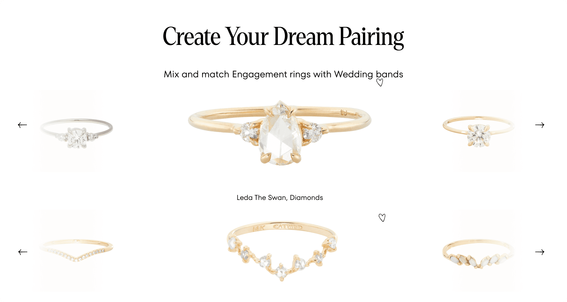 Catbird NYC ring pairing tool with a diamond engagement ring, coordinating bands, and a Create Your Dream Pairing heading