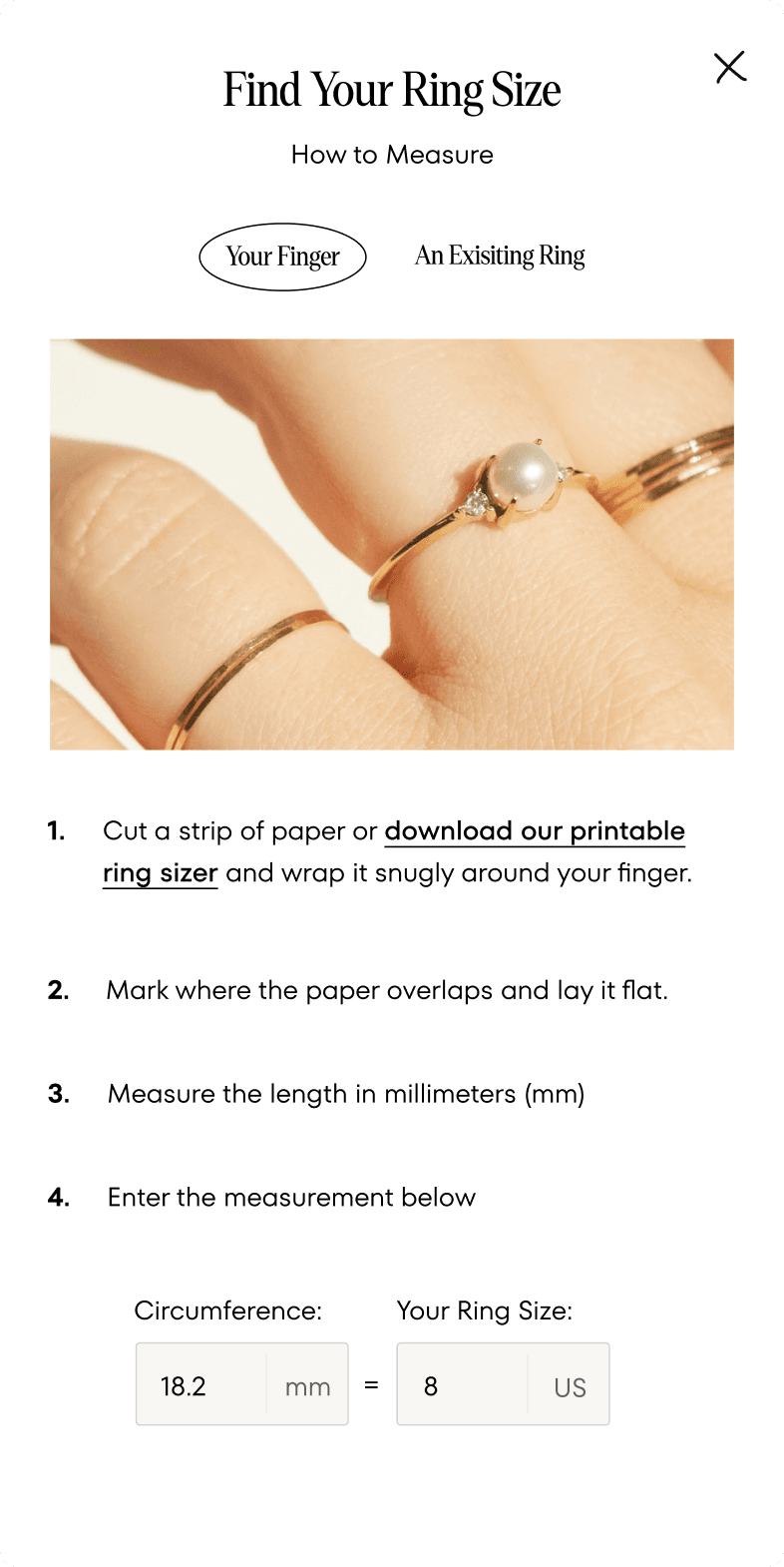 Catbird NYC mobile ring size finder modal with step-by-step measurement instructions and a circumference calculator