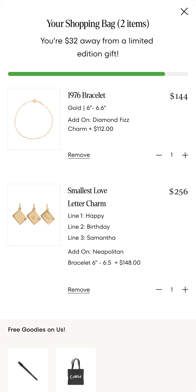 Catbird NYC mobile shopping bag with the 1976 Bracelet and Smallest Love Letter Charm, personalization, and a free gift offer