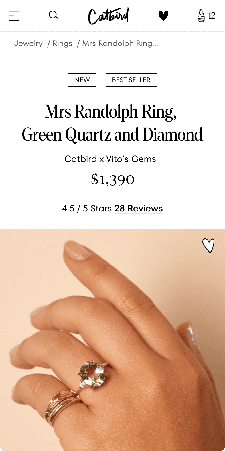 Catbird NYC mobile product page for the Mrs Randolph Ring in Green Quartz and Diamond with star rating and Add to Bag