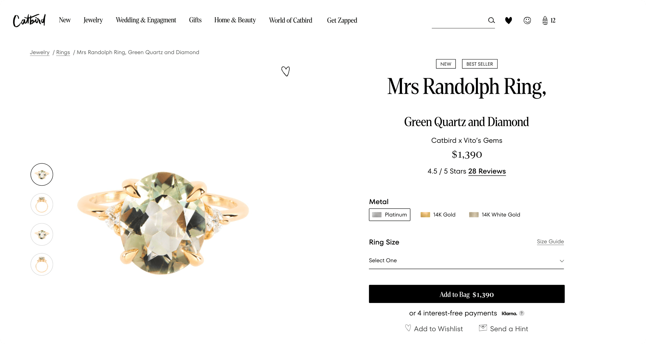 Catbird NYC product detail for the Mrs Randolph Ring with a large stone detail image and size selectors
