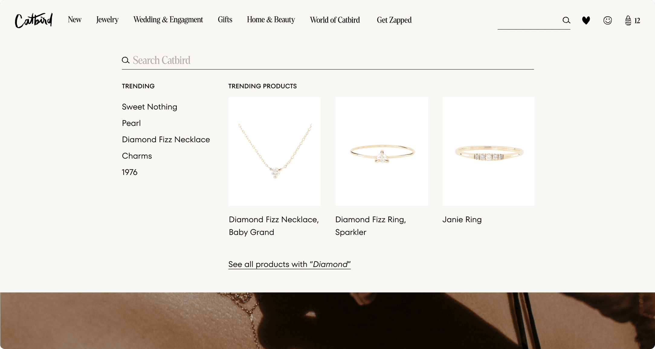 Catbird NYC search results with trending queries and cards for Diamond Fizz Necklace, Diamond Fizz Ring, and Janie Ring