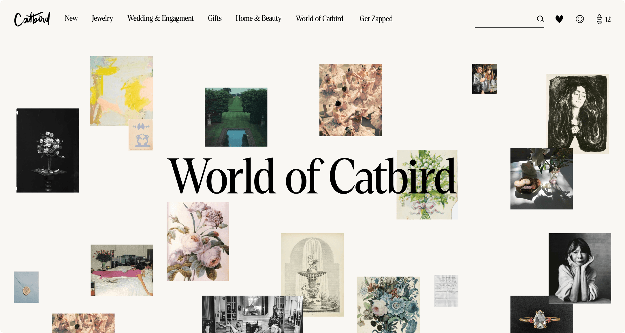 Catbird NYC World of Catbird editorial page featuring an artistic collage of photography, illustration, and botanical imagery