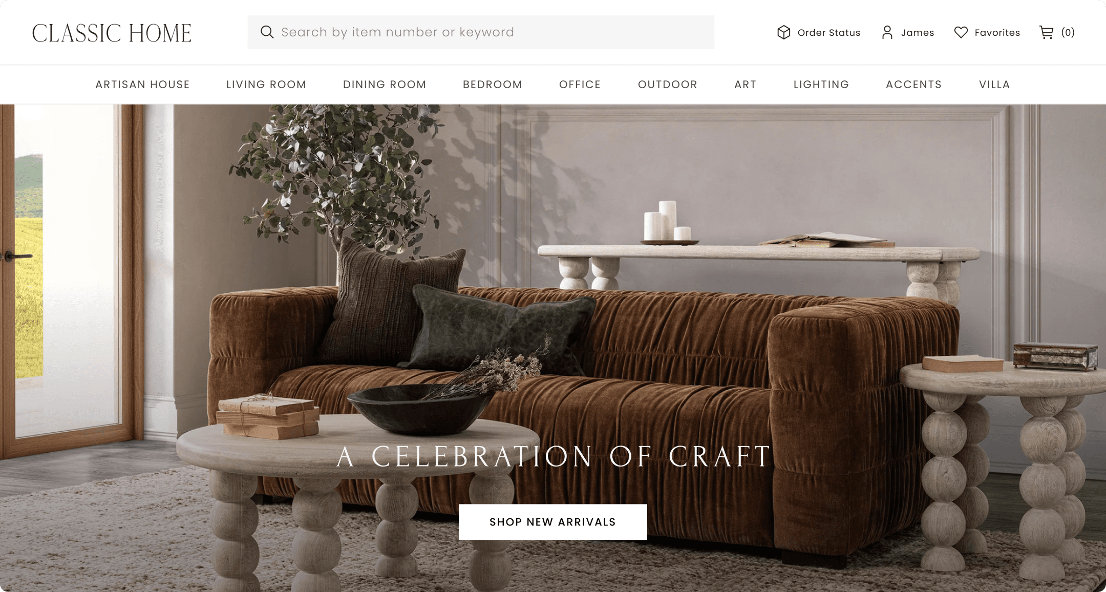 Classic Home homepage hero featuring a brown textured sofa, round coffee table, and "A Celebration of Craft" headline