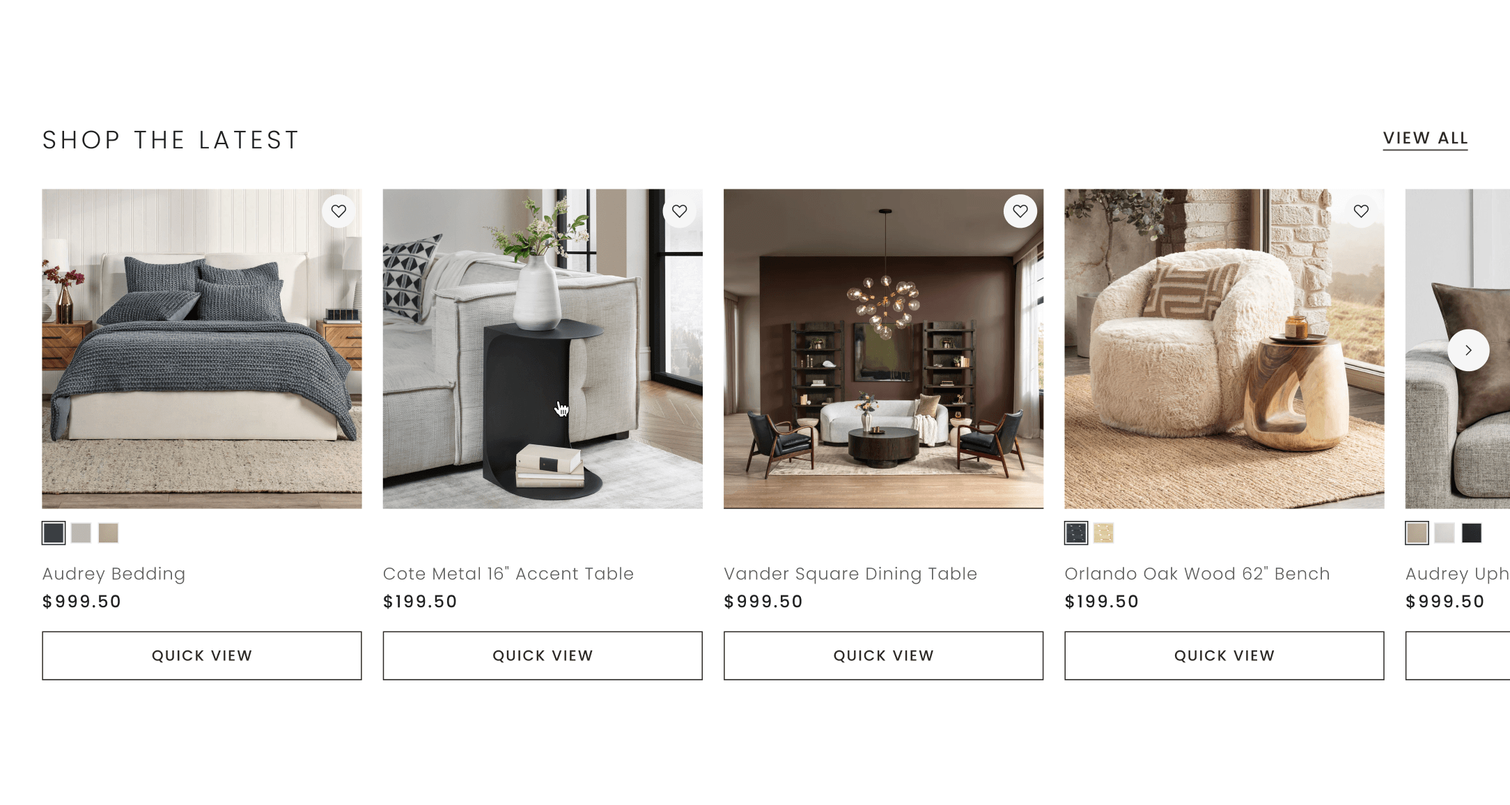 Classic Home Shop the Latest grid with Audrey Bedding, Cate Metal Accent Table, Vander Dining Table, and Orlando Oak Bench