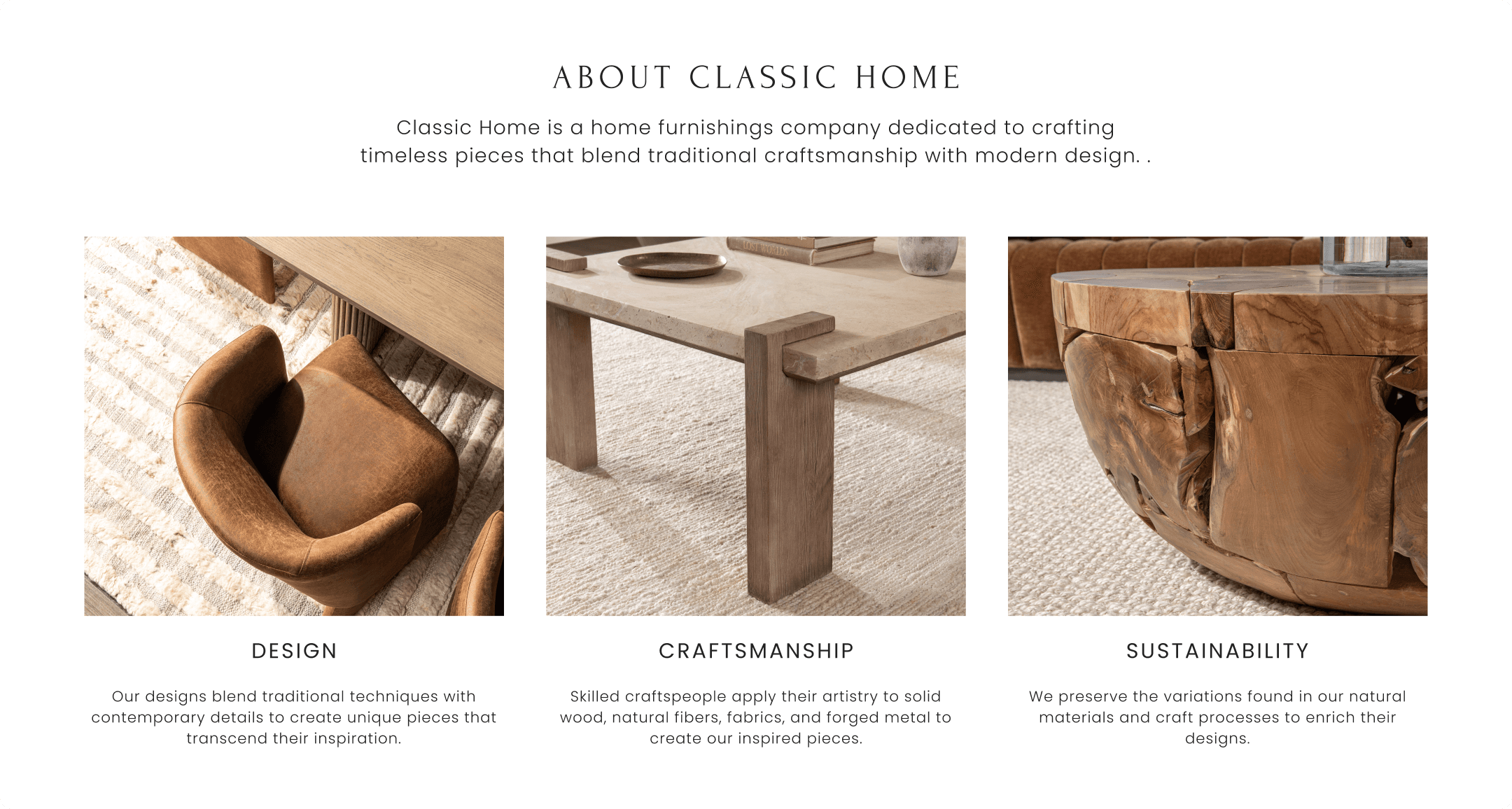 Classic Home About page highlighting Design, Craftsmanship, and Sustainability pillars with close-up product photography