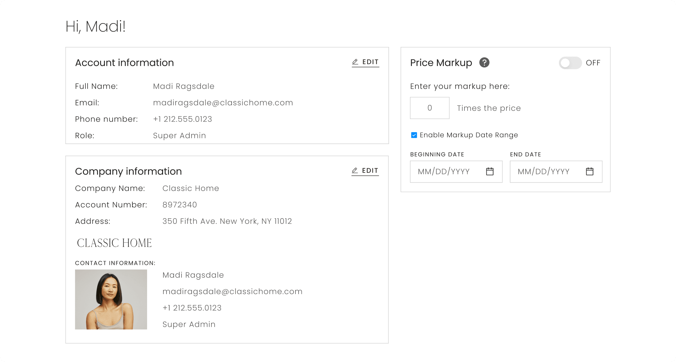 Classic Home B2B account dashboard showing user profile, company info, and price markup controls for a Super Admin role