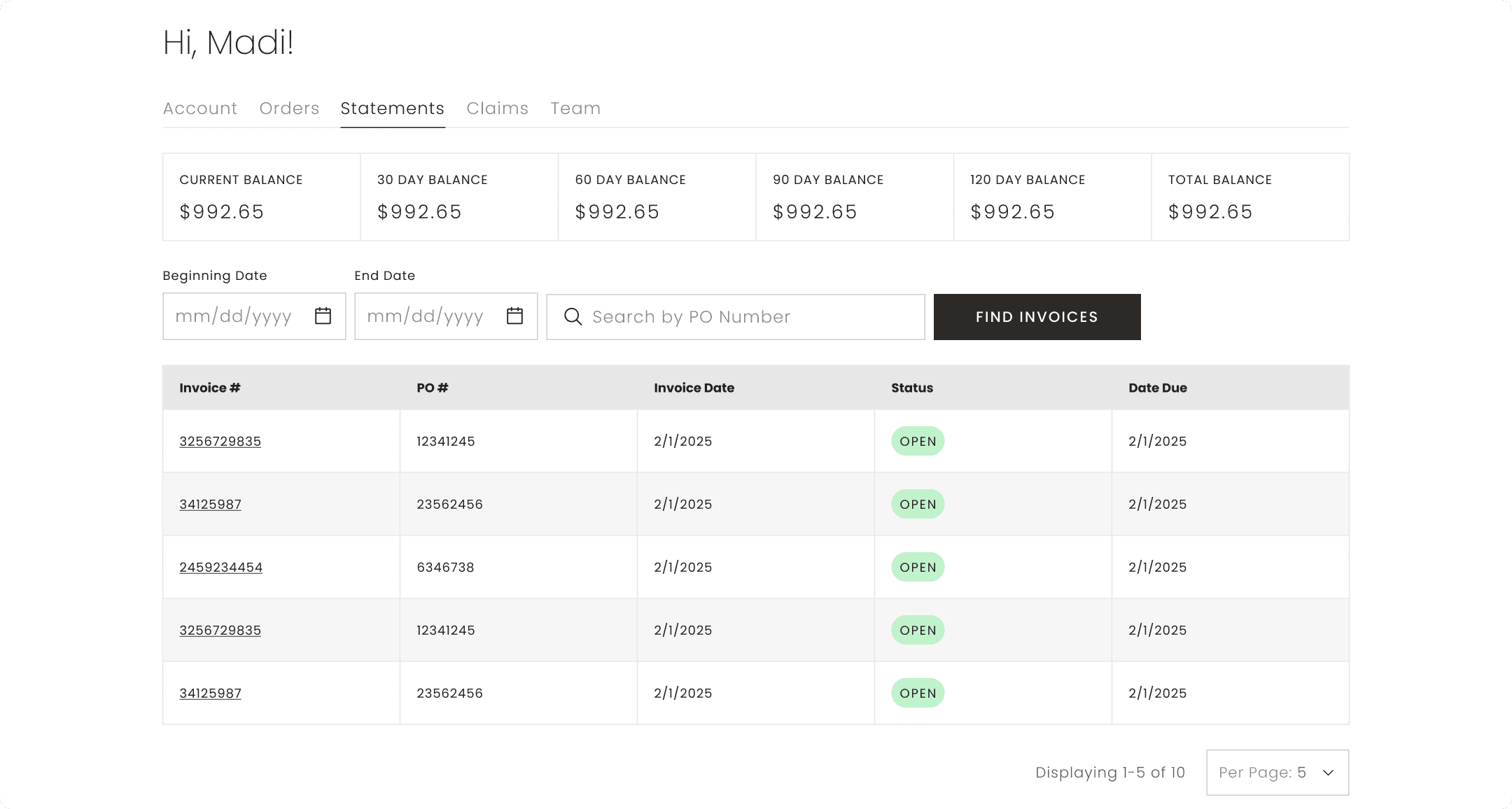 Classic Home B2B Statements page showing invoice history with current and aging balances across 30 to 120 day periods