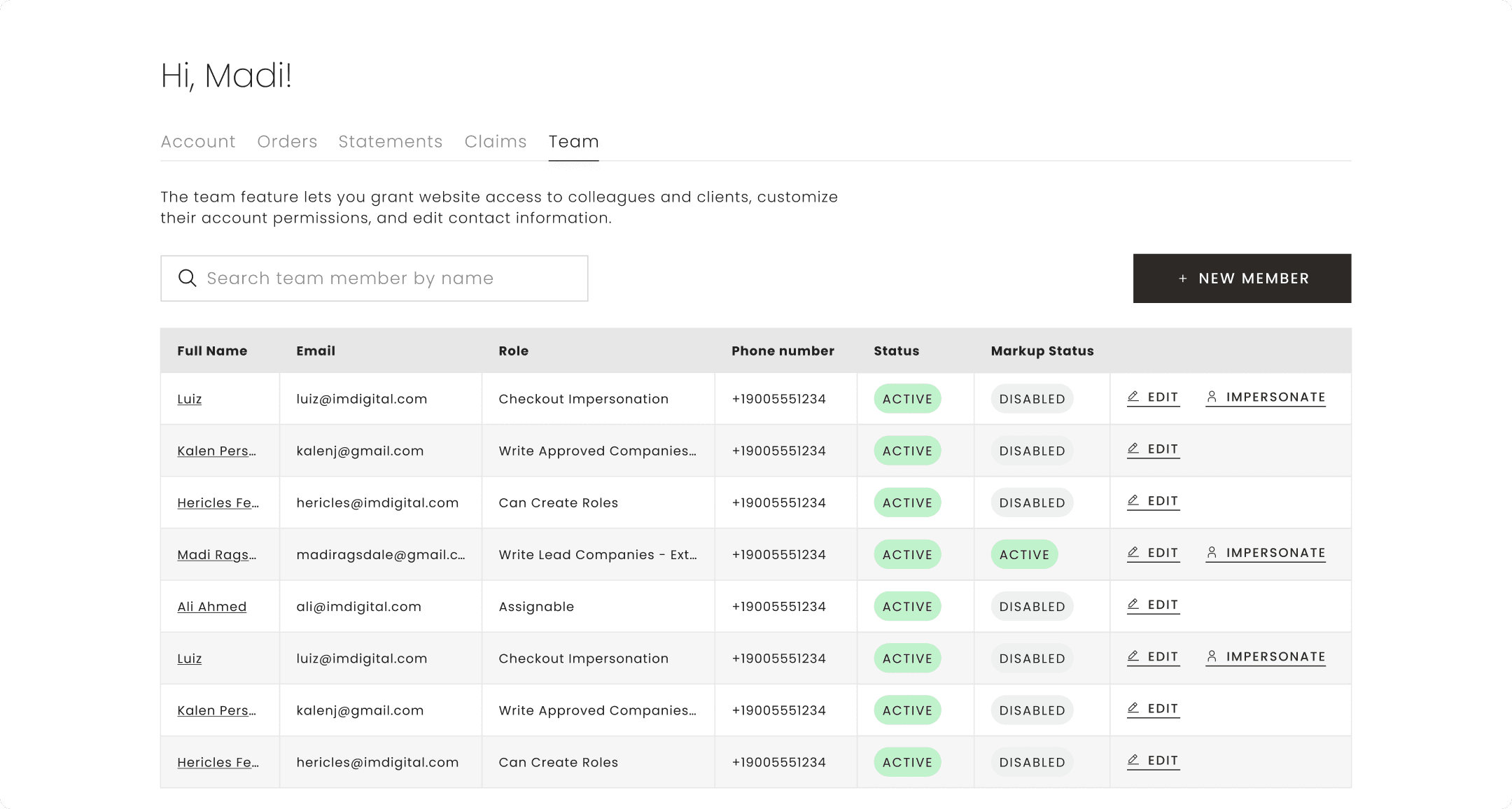 Classic Home B2B Team management page listing members with roles, permissions, and impersonation controls