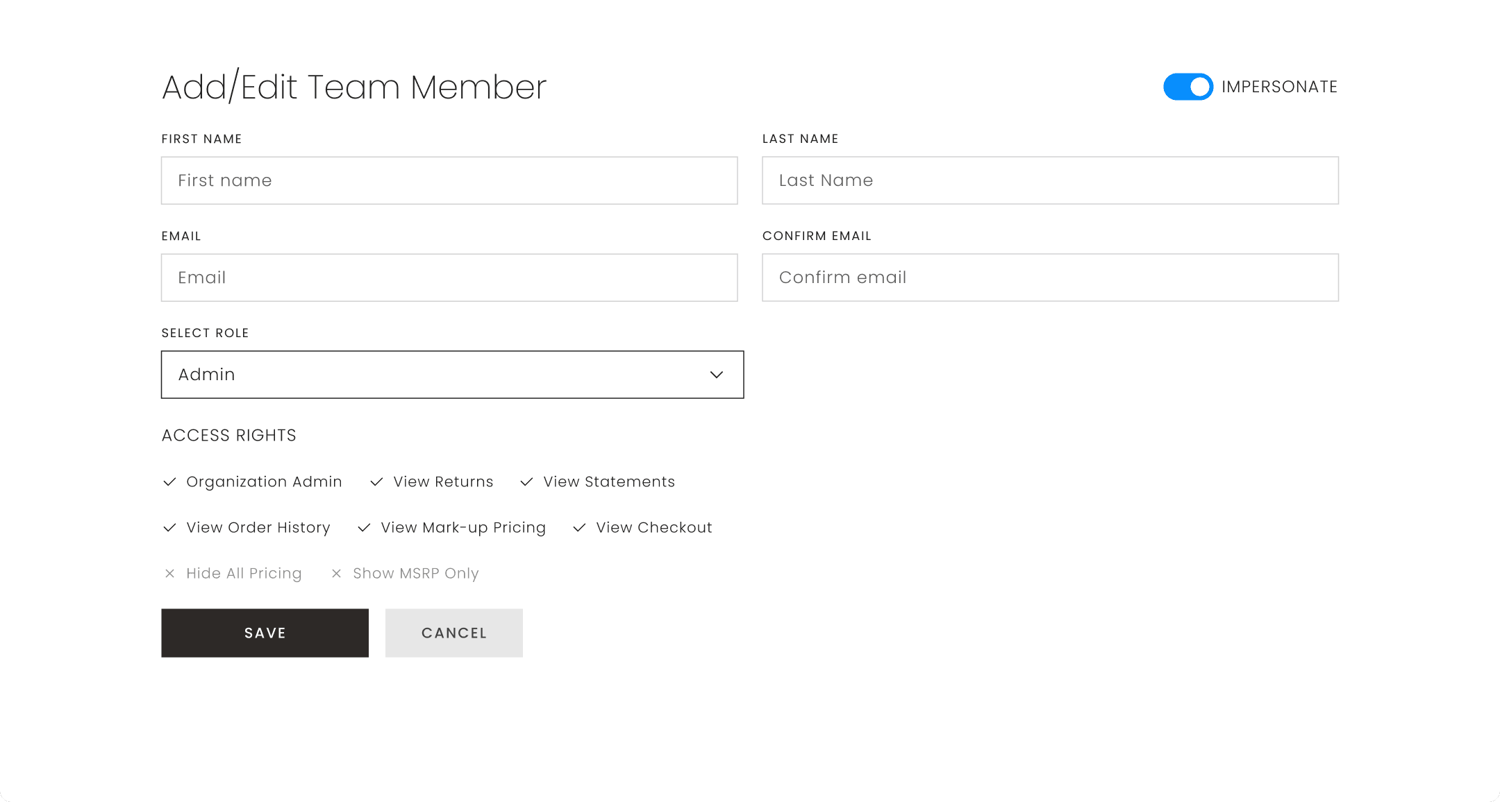 Classic Home B2B Add/Edit Team Member form with role selection, granular access rights, and impersonation toggle