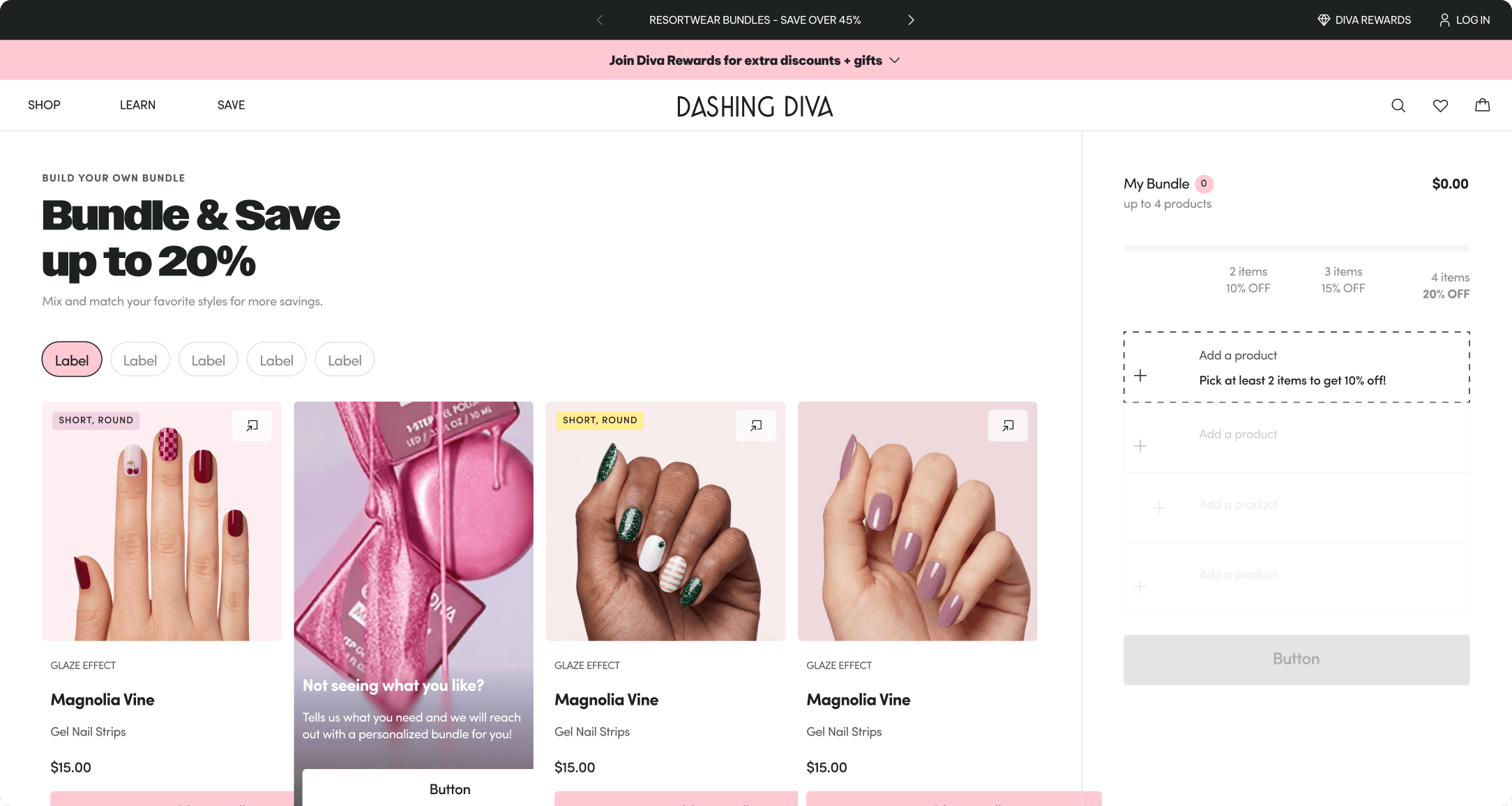 Dashing Diva Build Your Own Bundle page with nail strip products, a 20% Bundle and Save promo, and a live bundle builder