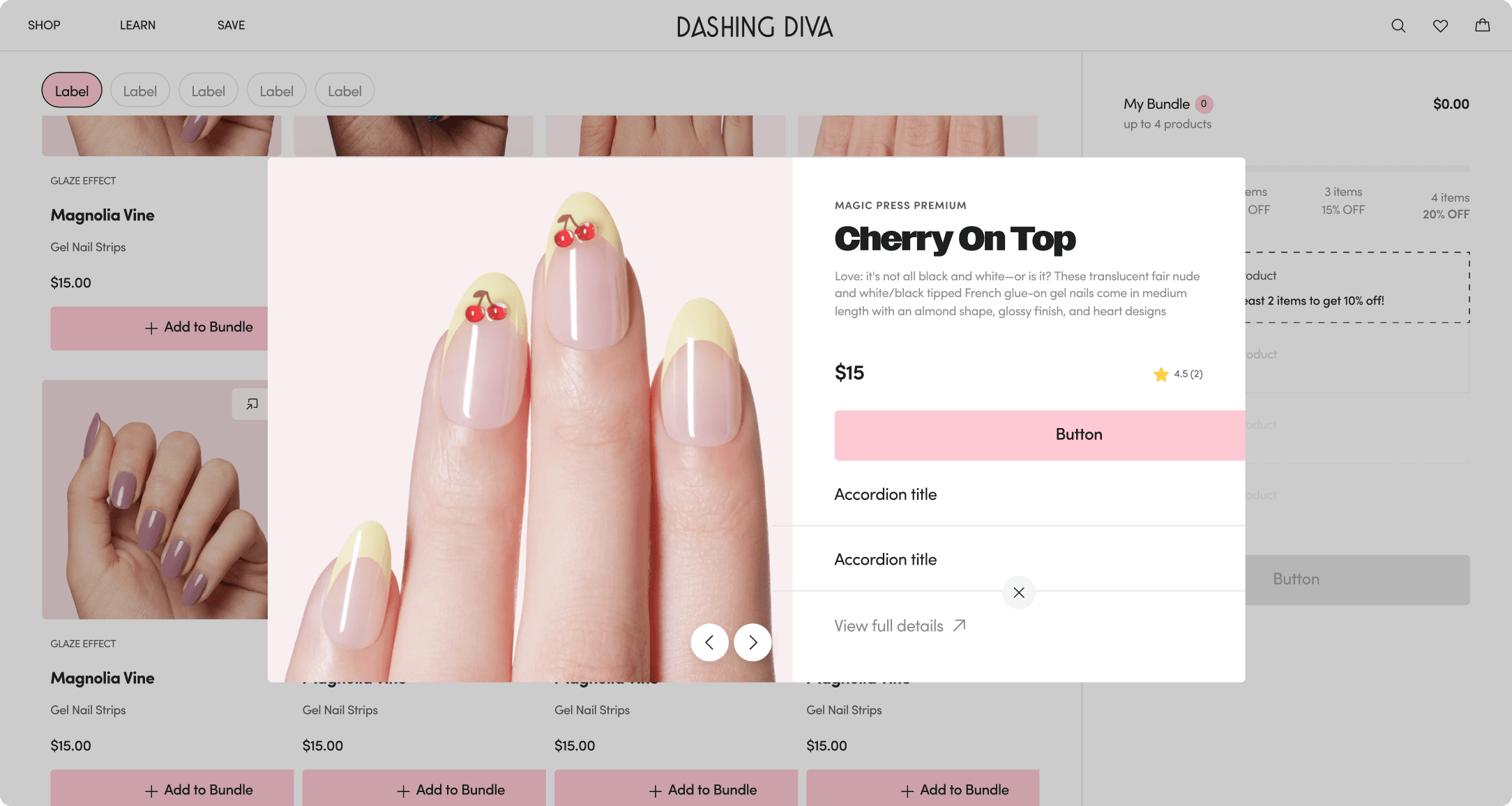 Dashing Diva Cherry On Top quick-view showing French tip nail strips with cherry accents, priced at $15