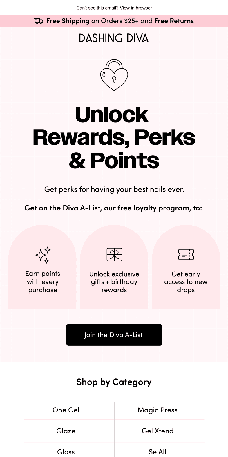 Dashing Diva Diva A-List loyalty email promoting points, exclusive gifts, and early access to new product drops