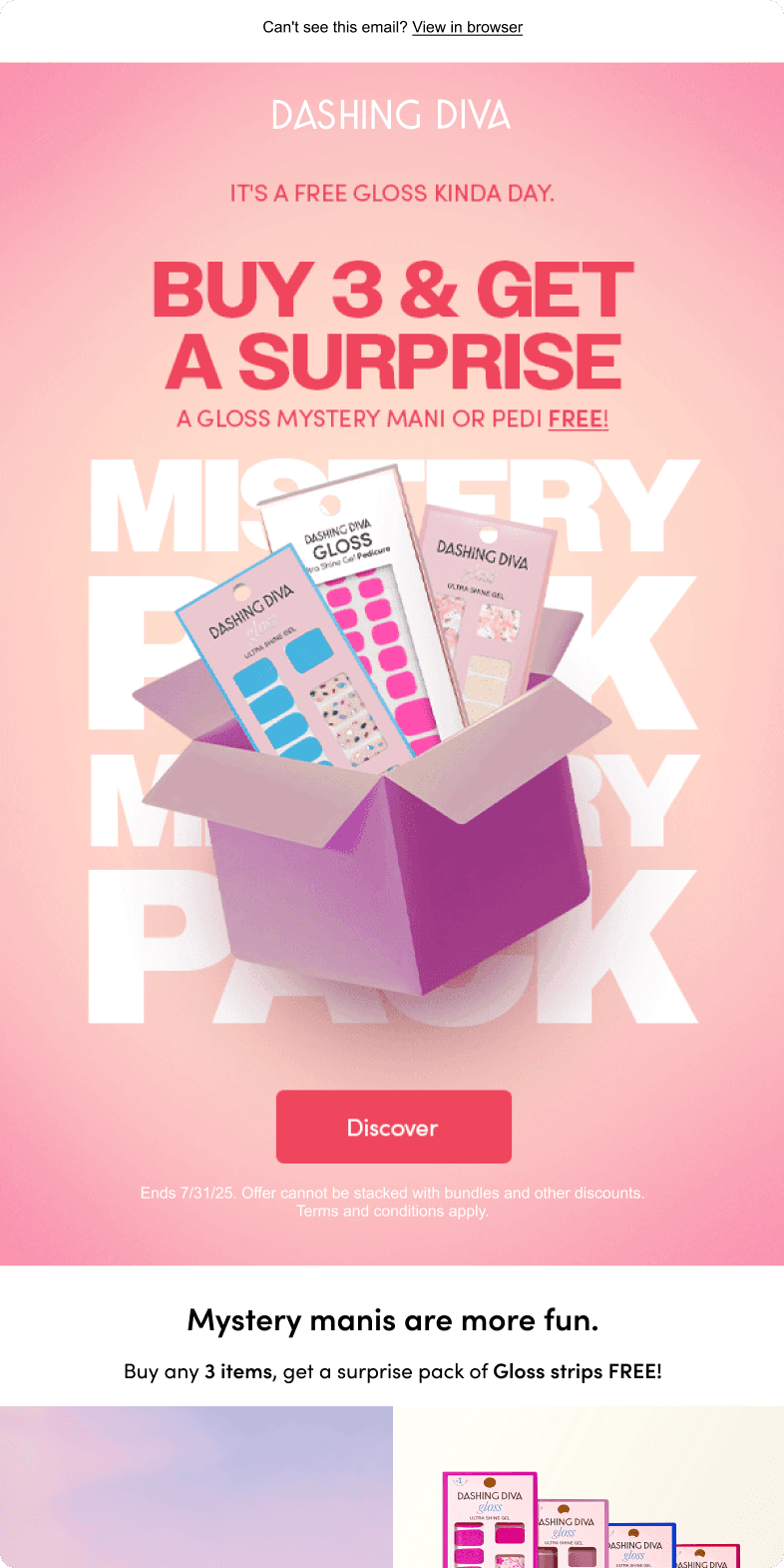 Dashing Diva promotional email for a Buy 3 Get a Surprise offer, featuring a mystery pack box with Gloss nail strip products
