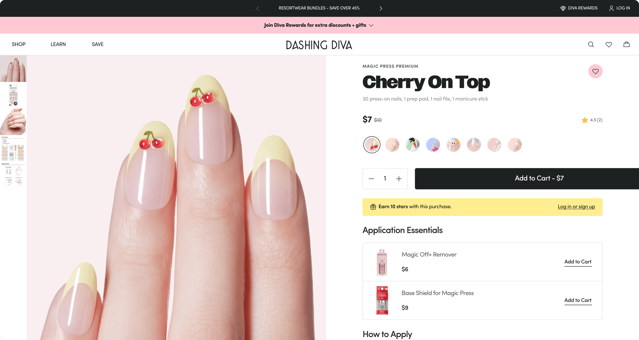 Dashing Diva Cherry On Top Magic Press Premium product page with Add to Cart and Application Essentials upsell