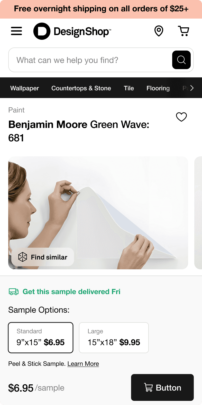 DesignShop mobile product detail page for Benjamin Moore Green Wave paint with sample size options and an Add Sample button