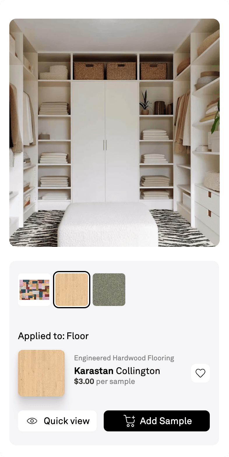 DesignShop mobile material visualizer showing a walk-in closet with Karastan flooring applied, alongside color swatch options