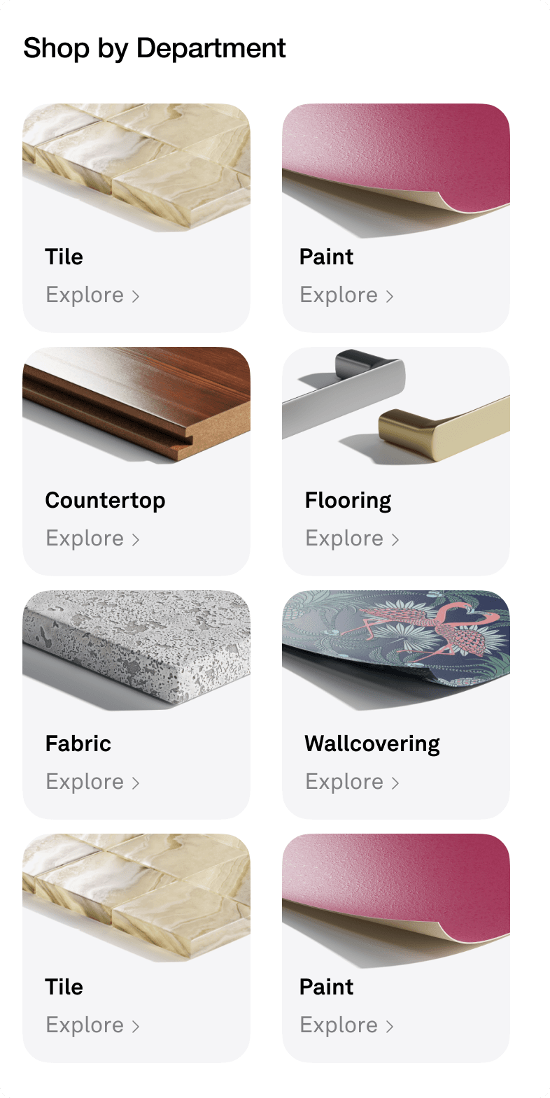 DesignShop mobile Shop by Department screen listing tile, paint, countertop, flooring, fabric, and wallcovering categories