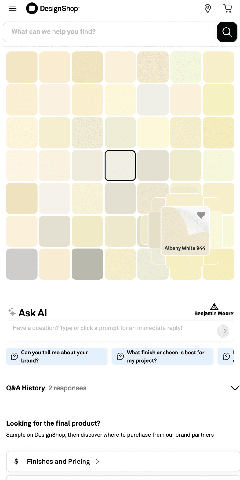 DesignShop mobile product page with the Benjamin Moore AI Agent chat panel open and quick-question prompts