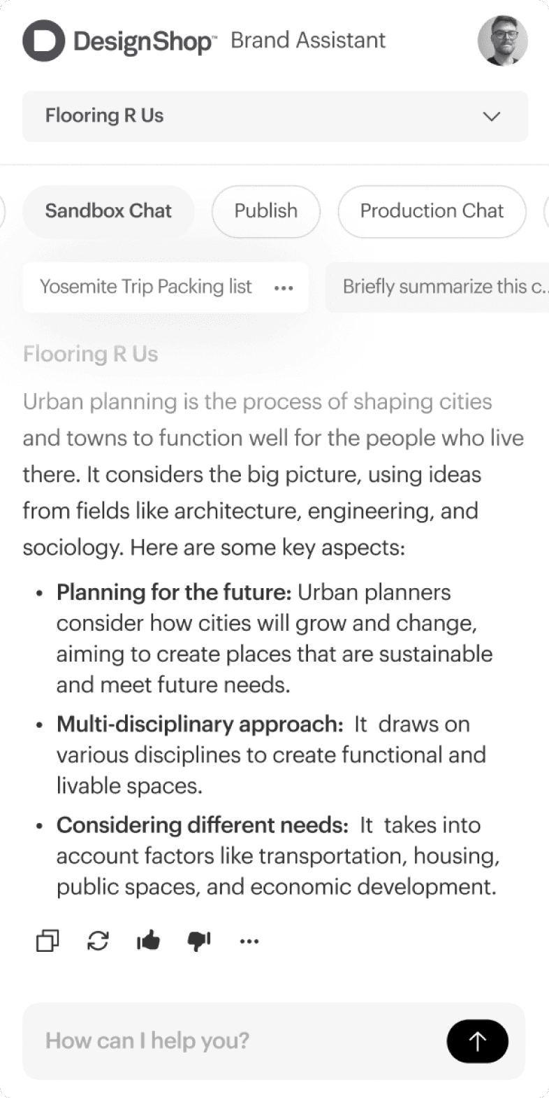 DesignShop Brand Assistant mobile sandbox chat with a detailed AI response for Flooring R Us in bullet points