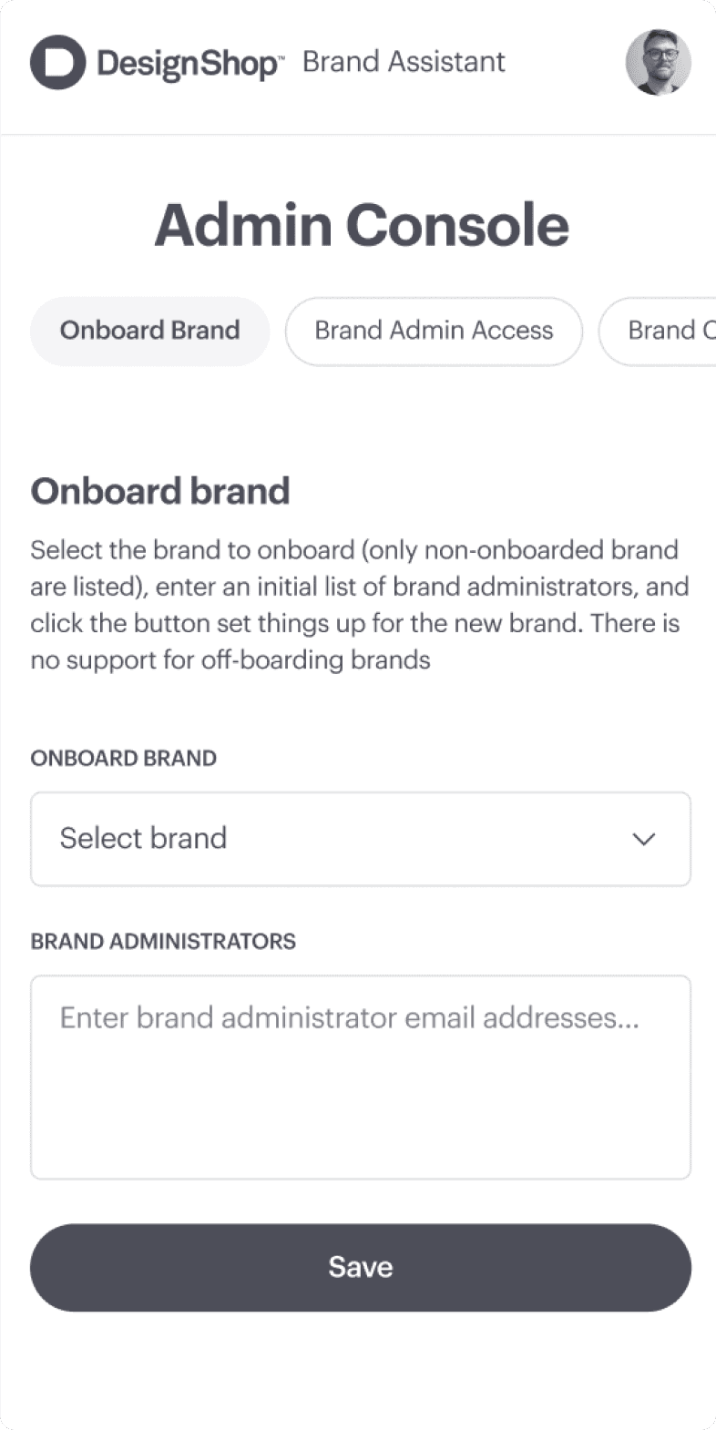 DesignShop Brand Assistant mobile admin console with the Onboard Brand form and administrator email input