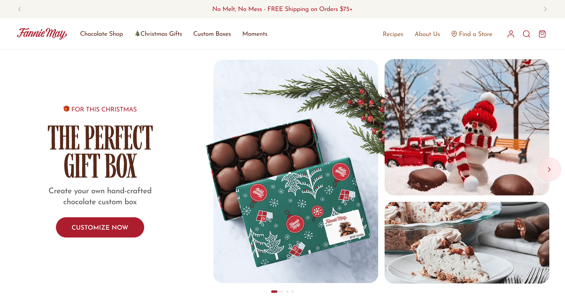 Fannie May homepage hero with a holiday gift box promotion, an open chocolate box, and a Customize Now CTA