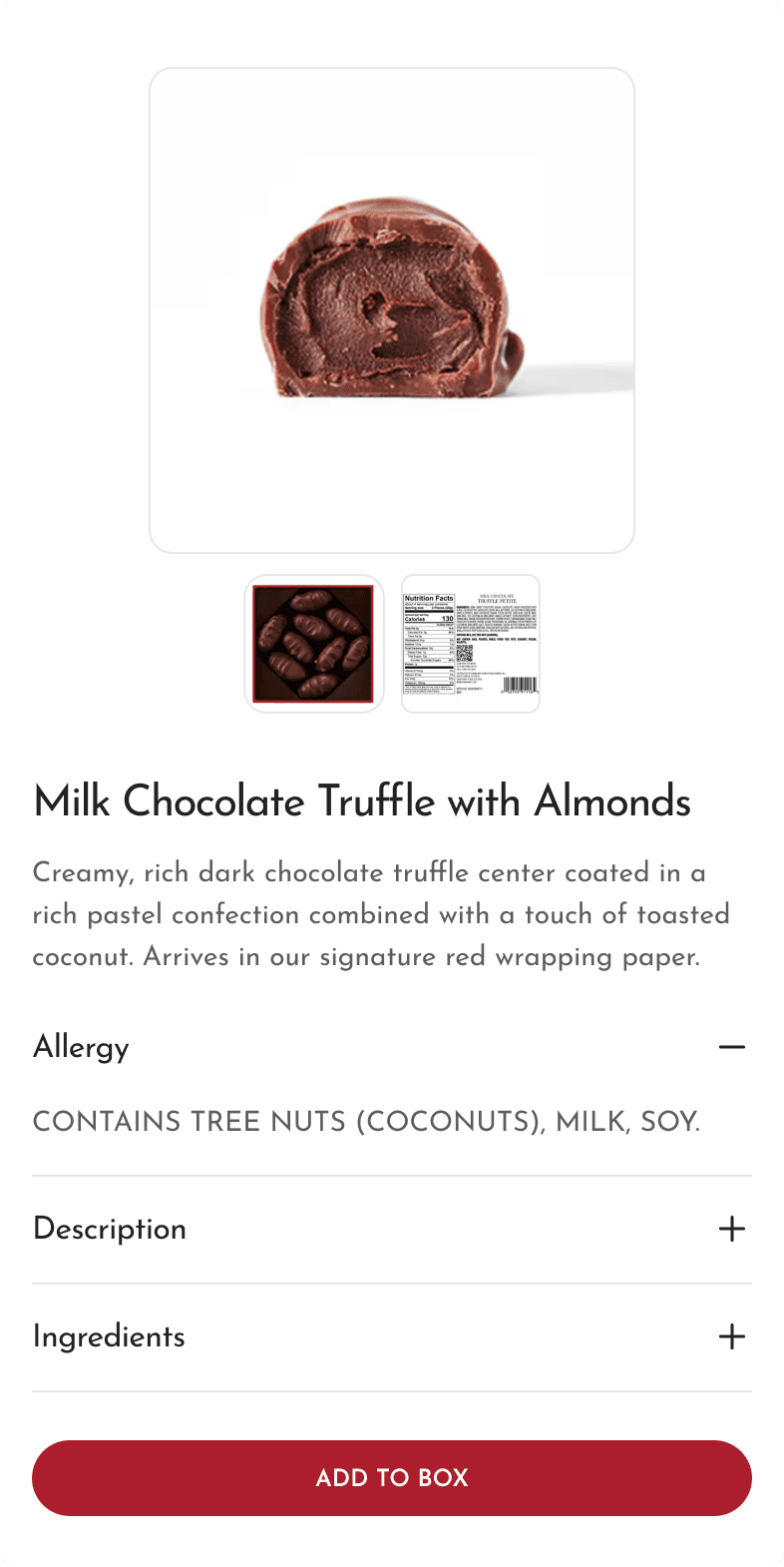 Fannie May mobile product page for Milk Chocolate Truffle with Almonds showing product image, description, and Add to Box