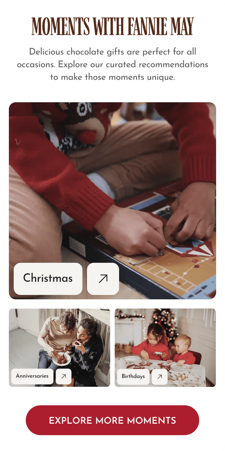 Fannie May mobile Moments hub with Christmas, Anniversaries, and Birthdays occasion categories and lifestyle photography