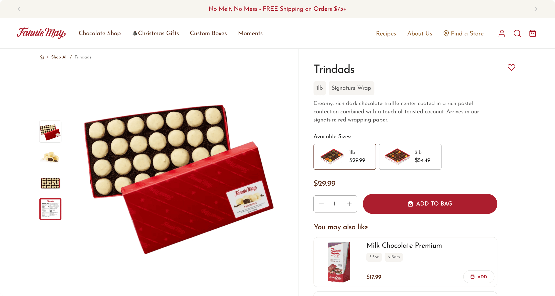 Fannie May product detail page for Trindads chocolate box showing size variants, pricing, and an Add to Bag button