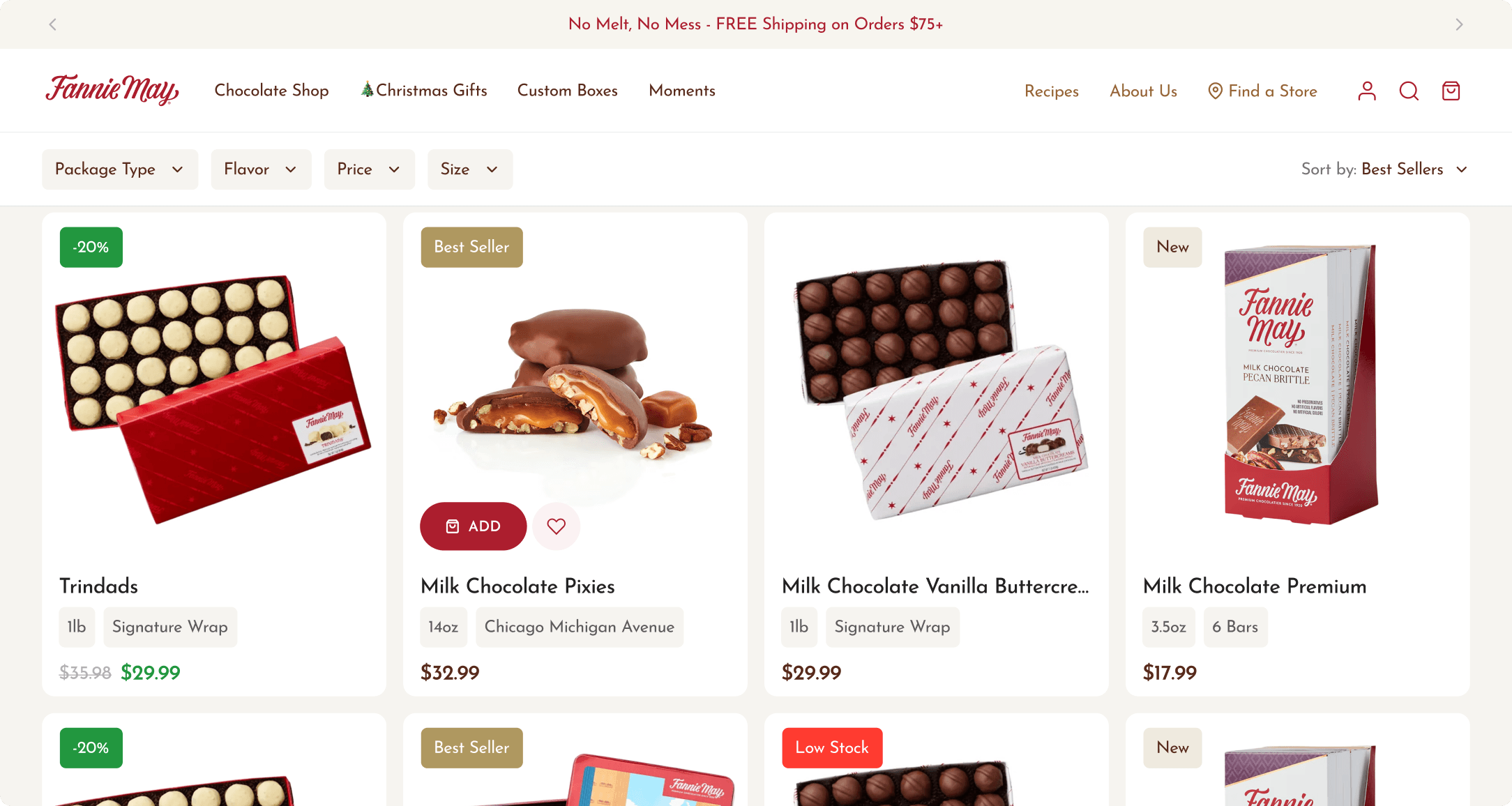 Fannie May chocolate category page with filters and product cards including Trindads, Pixies, and Buttercreams