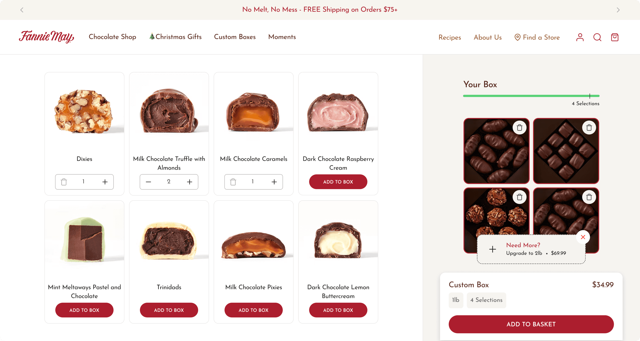 Fannie May custom box builder showing individual chocolate selections with quantity controls and a live basket summary panel