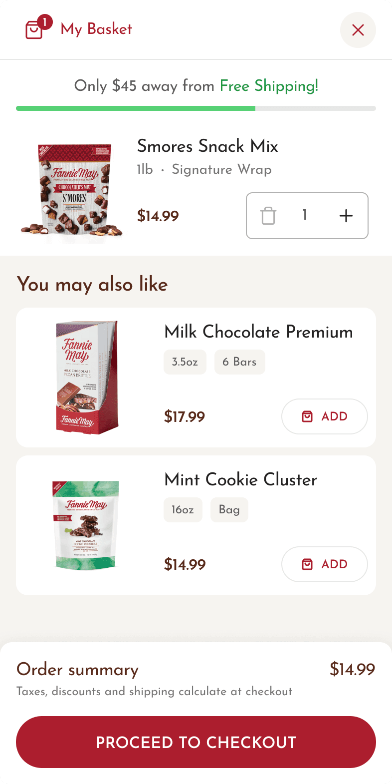 Fannie May mobile cart drawer showing added items, upsell recommendations, and a Proceed to Checkout button