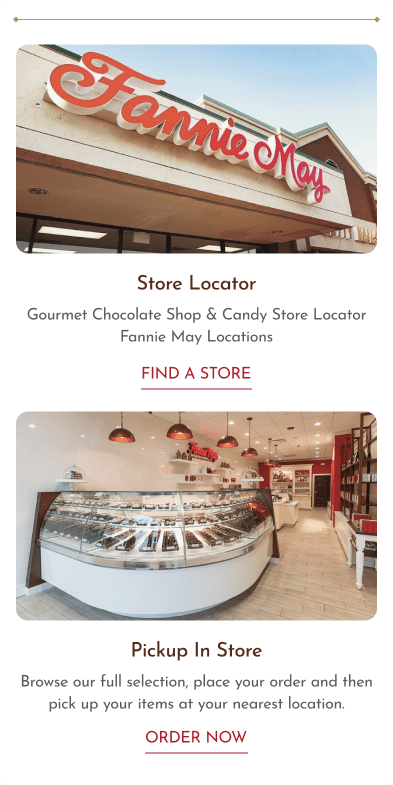 Fannie May mobile store locator and pickup page showing exterior storefront photo and interior shop image with order CTAs