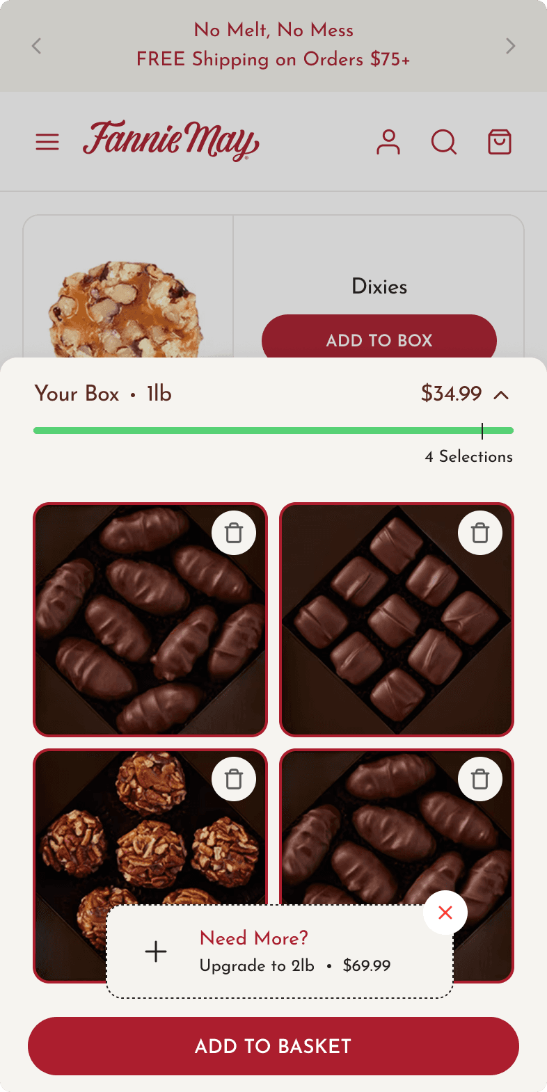 Fannie May mobile custom box builder with four chocolate selections in a grid and an upgrade prompt for a larger box