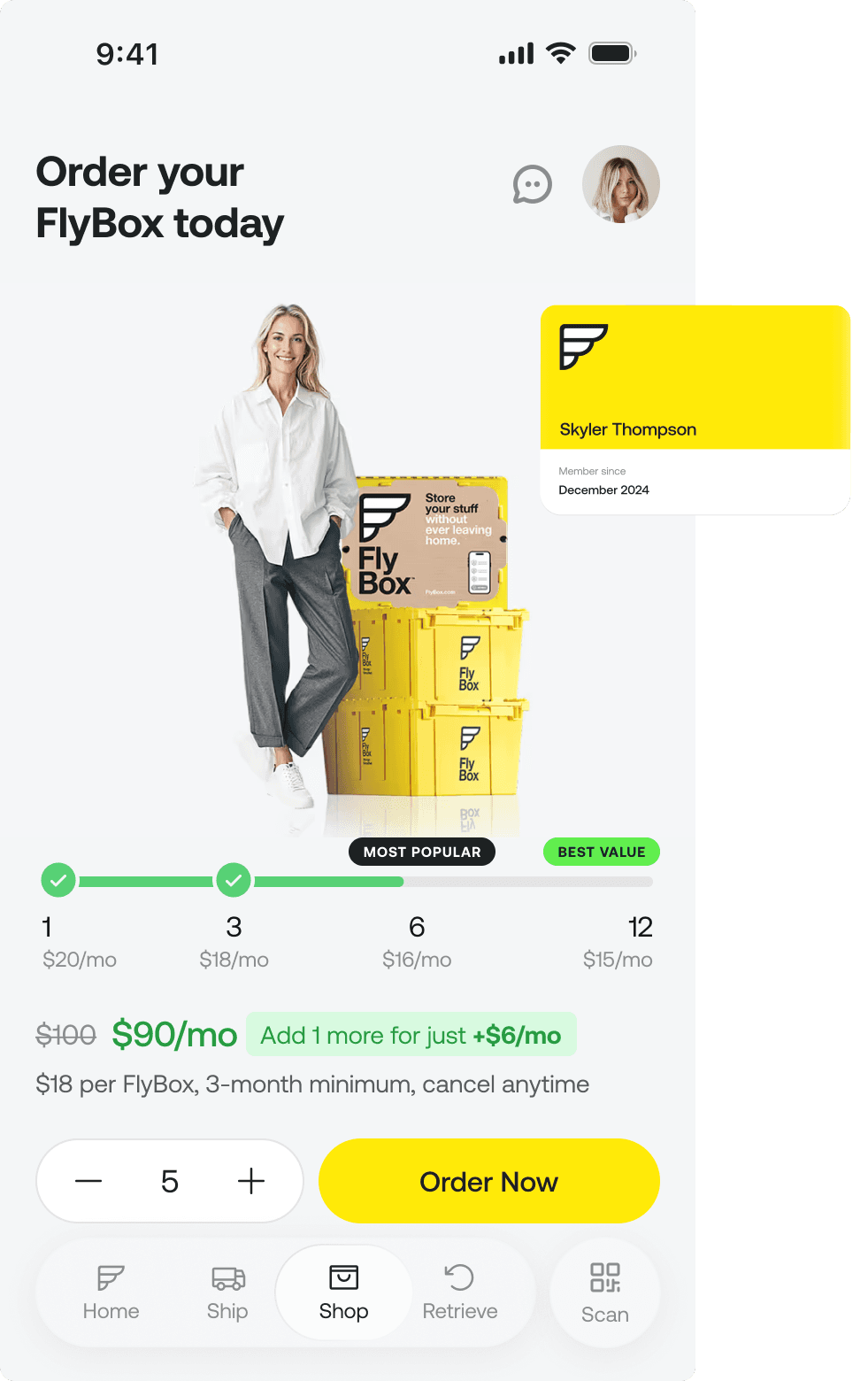 FlyBox app Shop screen showing subscription options from $15 to $20 per month, with an Order Now button