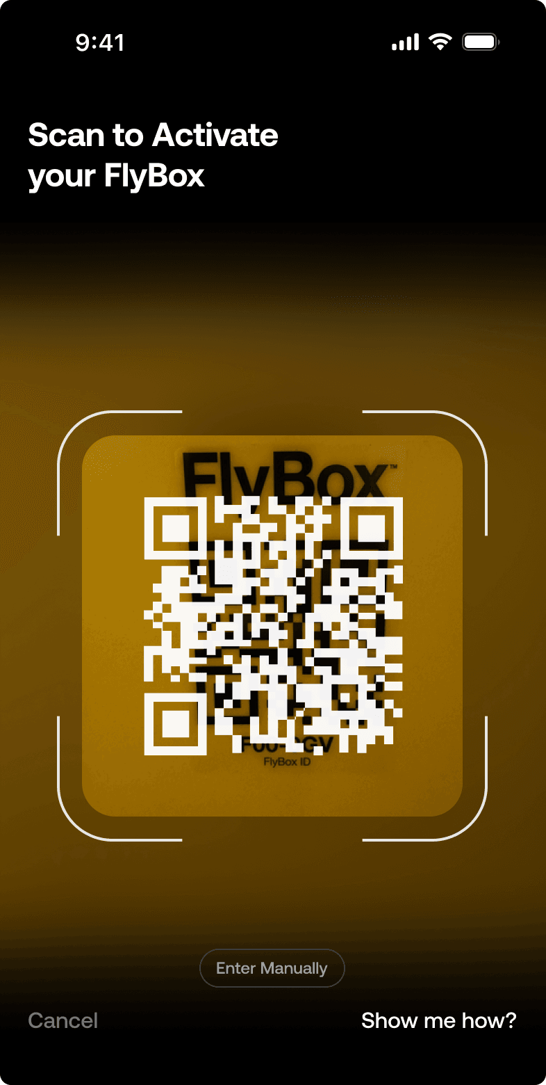 FlyBox app QR code scanner screen prompting the user to scan the code on the side of their FlyBox to activate it