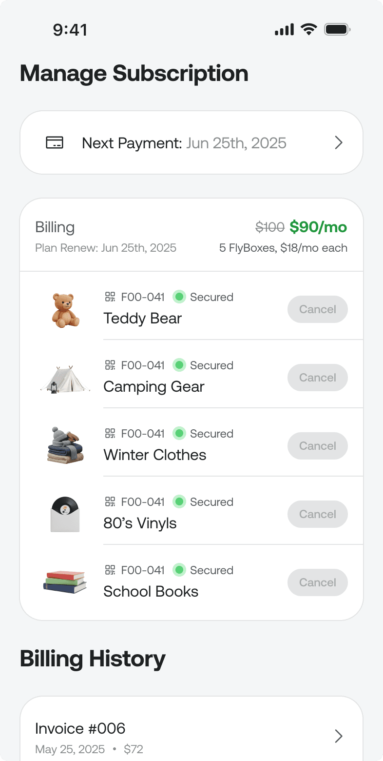 FlyBox app Manage Subscription screen listing Teddy Bear, Camping Gear, and School Books secured at $90 per month