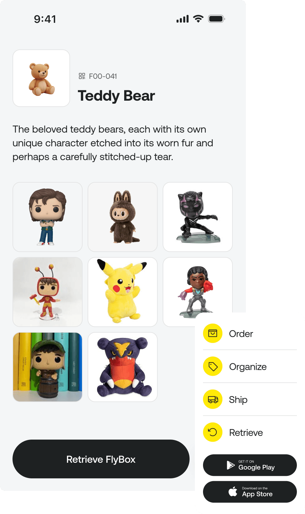FlyBox app item detail screen for a Teddy Bear box, showing a photo grid of collectible figurines and retrieval options