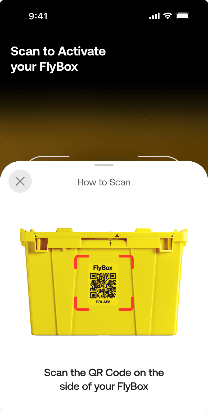 FlyBox app QR code activation screen showing how to scan the code on the side of a yellow FlyBox bin
