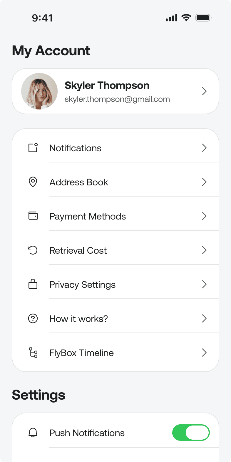 FlyBox My Account screen for user Skyler Thompson with settings for notifications, payment methods, and retrieval cost