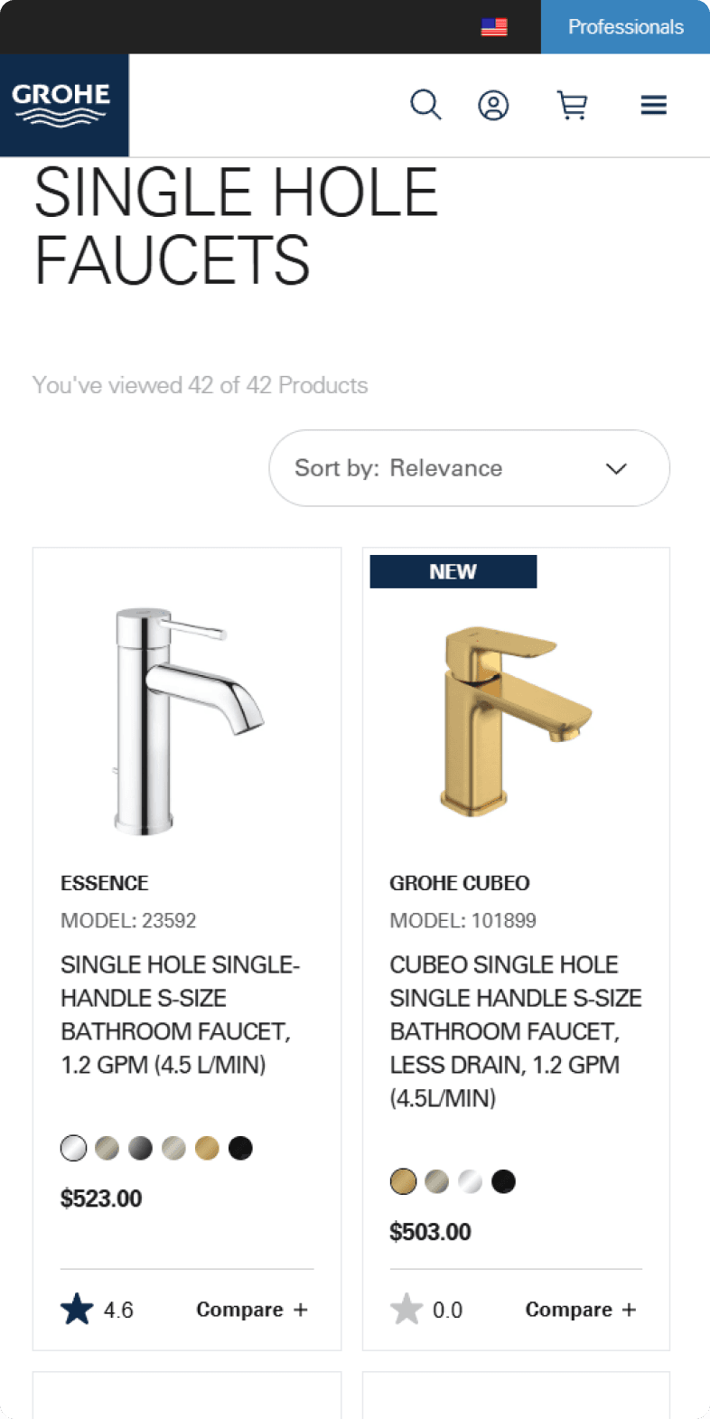 GROHE Single Hole Faucets category page listing 42 products including Essence and GROHE Cubeo models with pricing