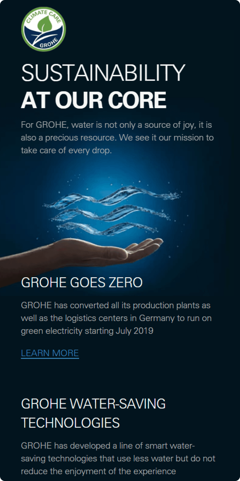 GROHE sustainability page titled Sustainability at Our Core, highlighting GROHE Goes Zero and water-saving technologies