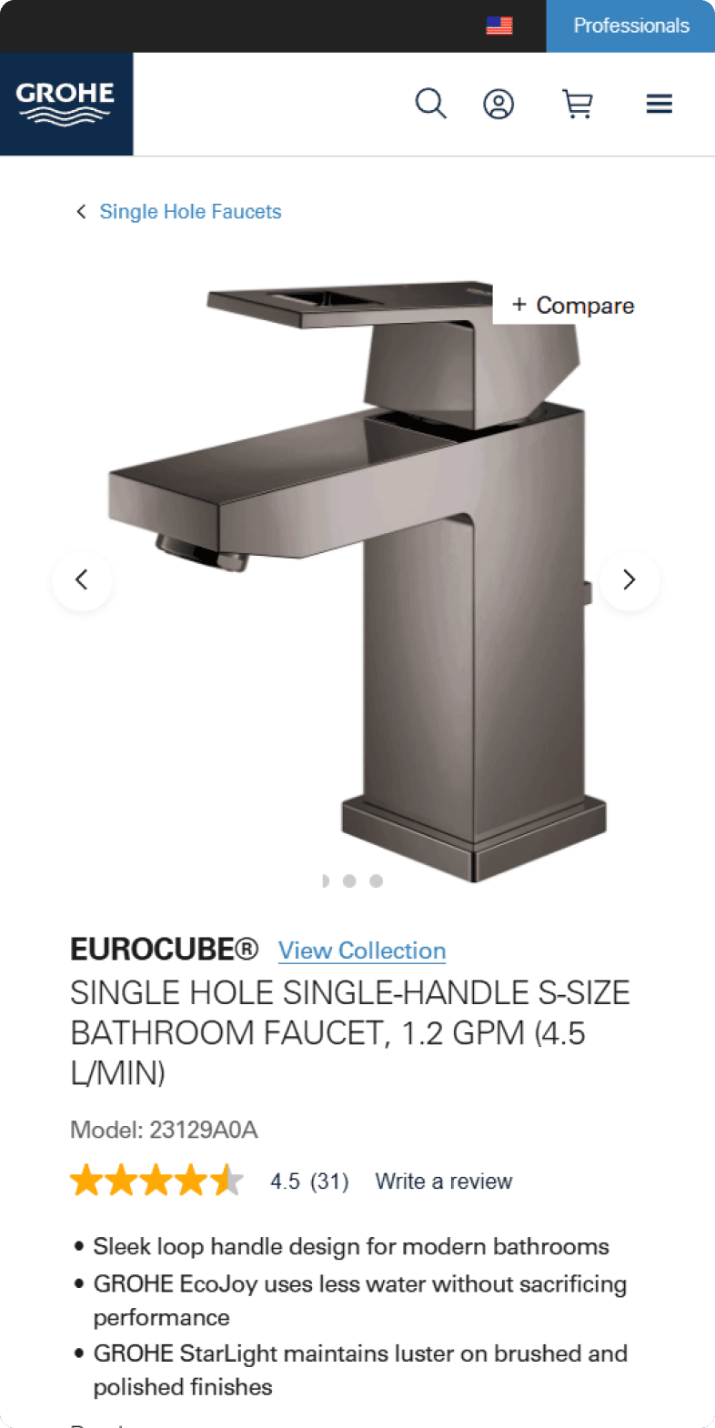 GROHE Eurocube single-hole faucet product detail page on mobile with specifications and customer reviews