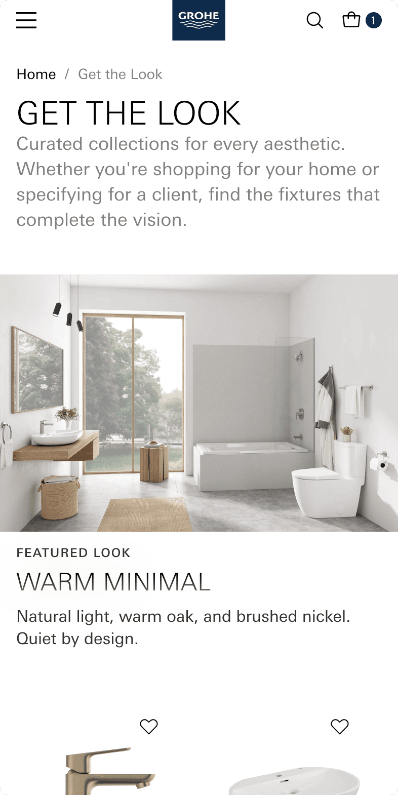 GROHE Get the Look page on mobile featuring curated bathroom collections with a warm minimal aesthetic