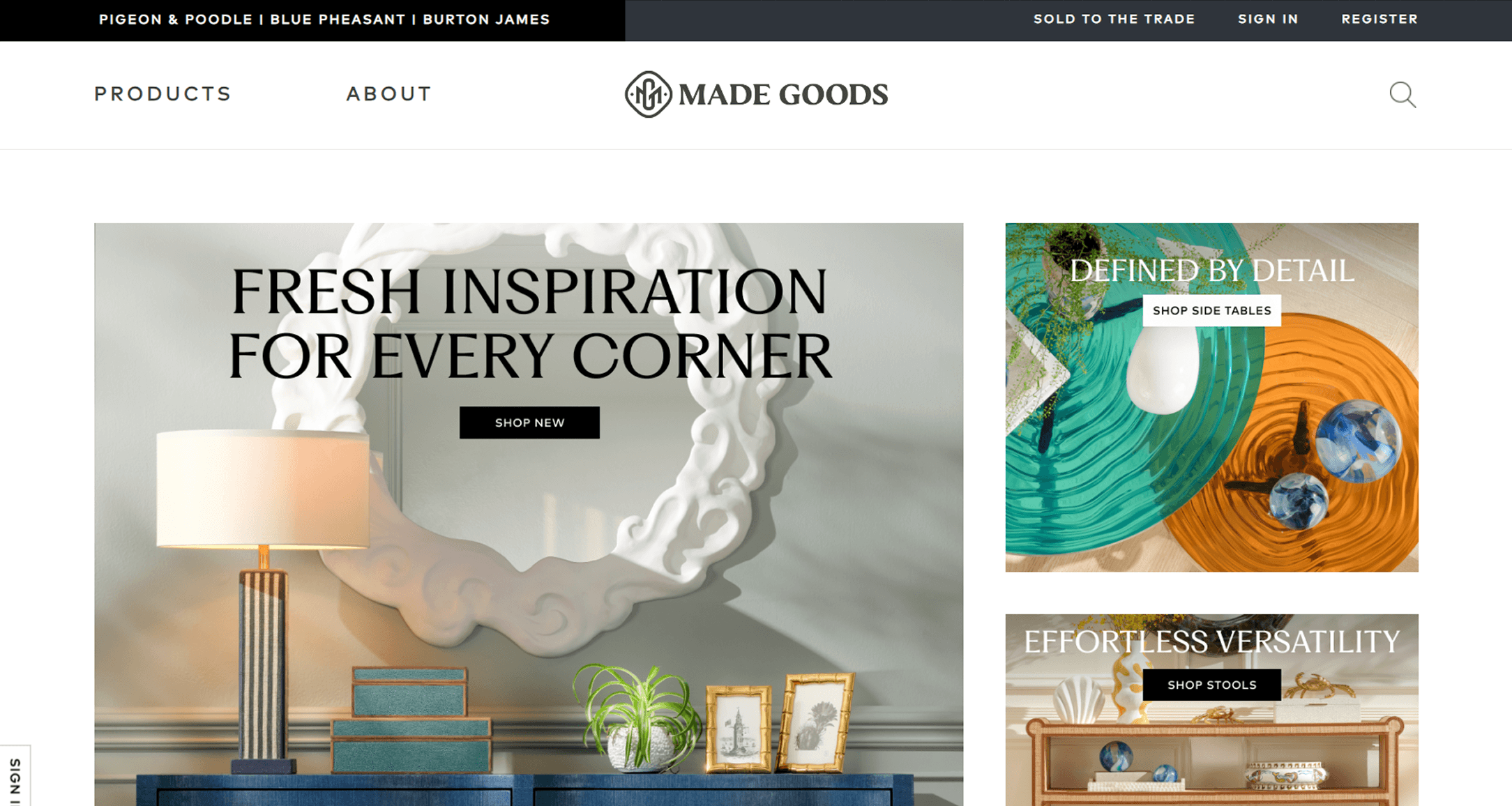 Made Goods homepage hero for Fresh Inspiration For Every Corner with a styled lamp vignette and side table banners