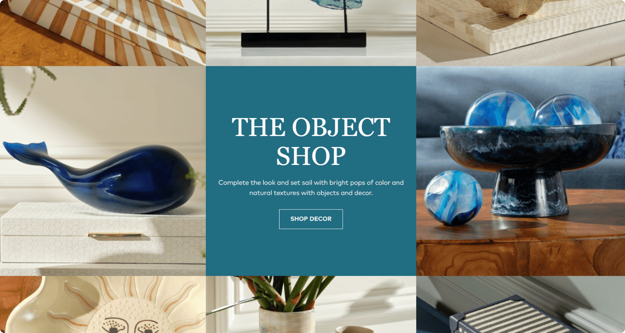 Made Goods Object Shop landing page with a ceramic whale, marbled bowl, and patterned dishes in a decorative accent collage