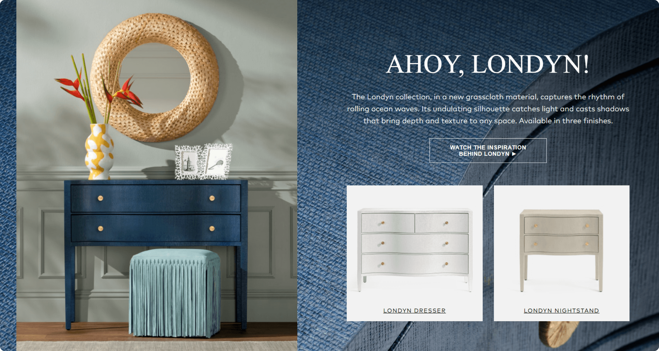 Made Goods Londyn collection page with a navy console, grasscloth mirror, and dresser and nightstand thumbnails