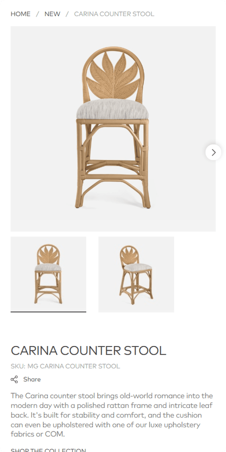Made Goods mobile product detail page for the Carina Counter Stool showing a rattan leaf-back chair with product description